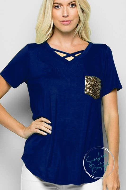 CRISSCROSS NECK SOLID TOP WITH SEQUINS POCKET