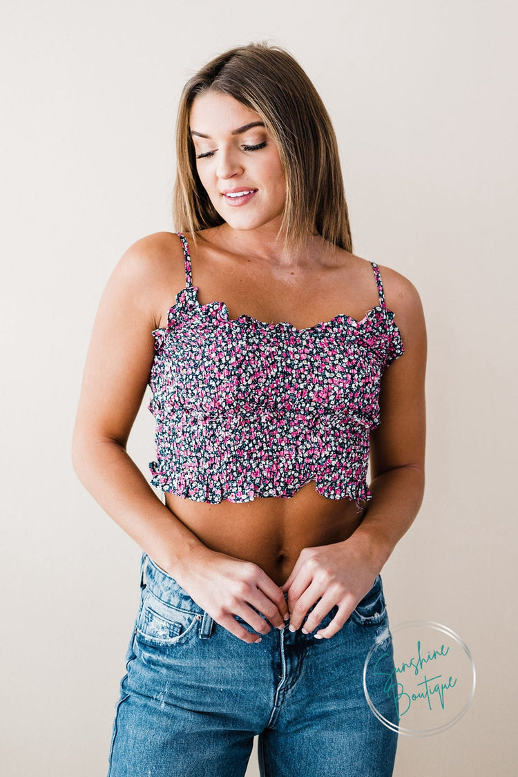 Ever B Ditsy Floral Smocked Cropped Cami
