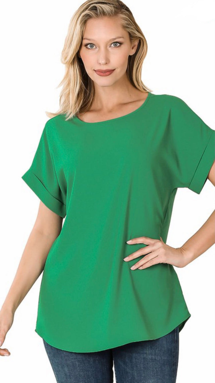 ROLLED SLEEVE BOAT NECK TOP -KELLY GREEN